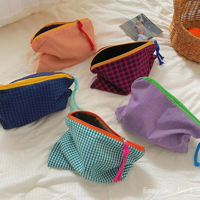 [largeloohg] Ins Xadrez Bolsa De Maquiagem Estojo De Lápis De Grande Capacidade Com Zíper Viagem Cosméticos
