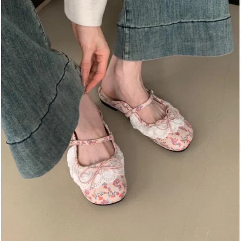 Novas Sandálias Planas Femininas Primavera Verão 2025 |   Sapatos de Ballet Mary Jane com Bico Quadrado e Fechado, Laço