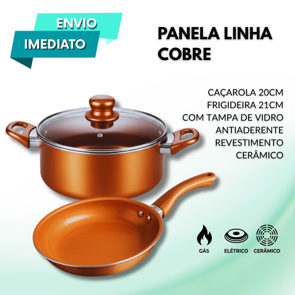 Kit Caçarola com Tampa Vidro + Frigideira Cerâmica Antiaderente Para Cozinhar Sem Grudar Linha Cobre