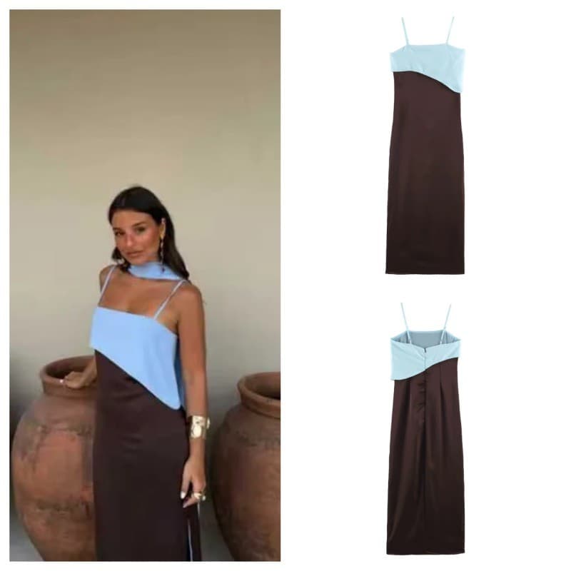 Vestido Simples Reto Cor Contraste Fita Solta