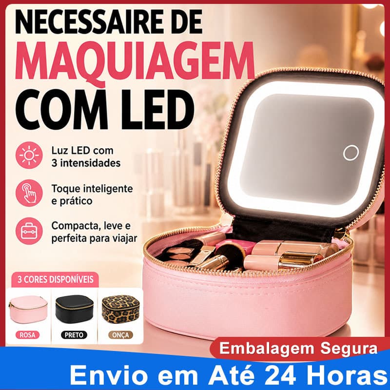 Bolsa Maquiagem Profissional com Espelho Led 3 Tons de Luz Maleta Organizadora de Cosméticos para Viagem