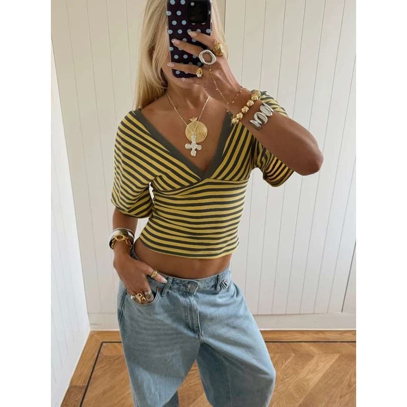 Camisetas Kliou com Listras e Patchwork para Mulheres, Tendência de Verão, Decote em V, Manga Curta, Costas Expostas, Um