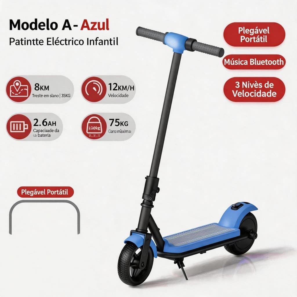 Patinete Elétrico Infantil Dobrável 2 Rodas 150W Pneus Sólidos 6,3" Bateria de Íons de Lítio Portátil para Crianças