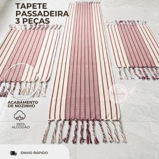 Passadeira Para Cozinha Jogo Tapete 3 Peças Tear Estampa Listrada Várias Cores 100% Algodão Antiderrapante Moderno
