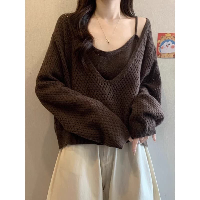 Merad café cor malhas terno 2026 novo estilo outono Plus Size roupas femininas gordura mm solto camisola de manga compri