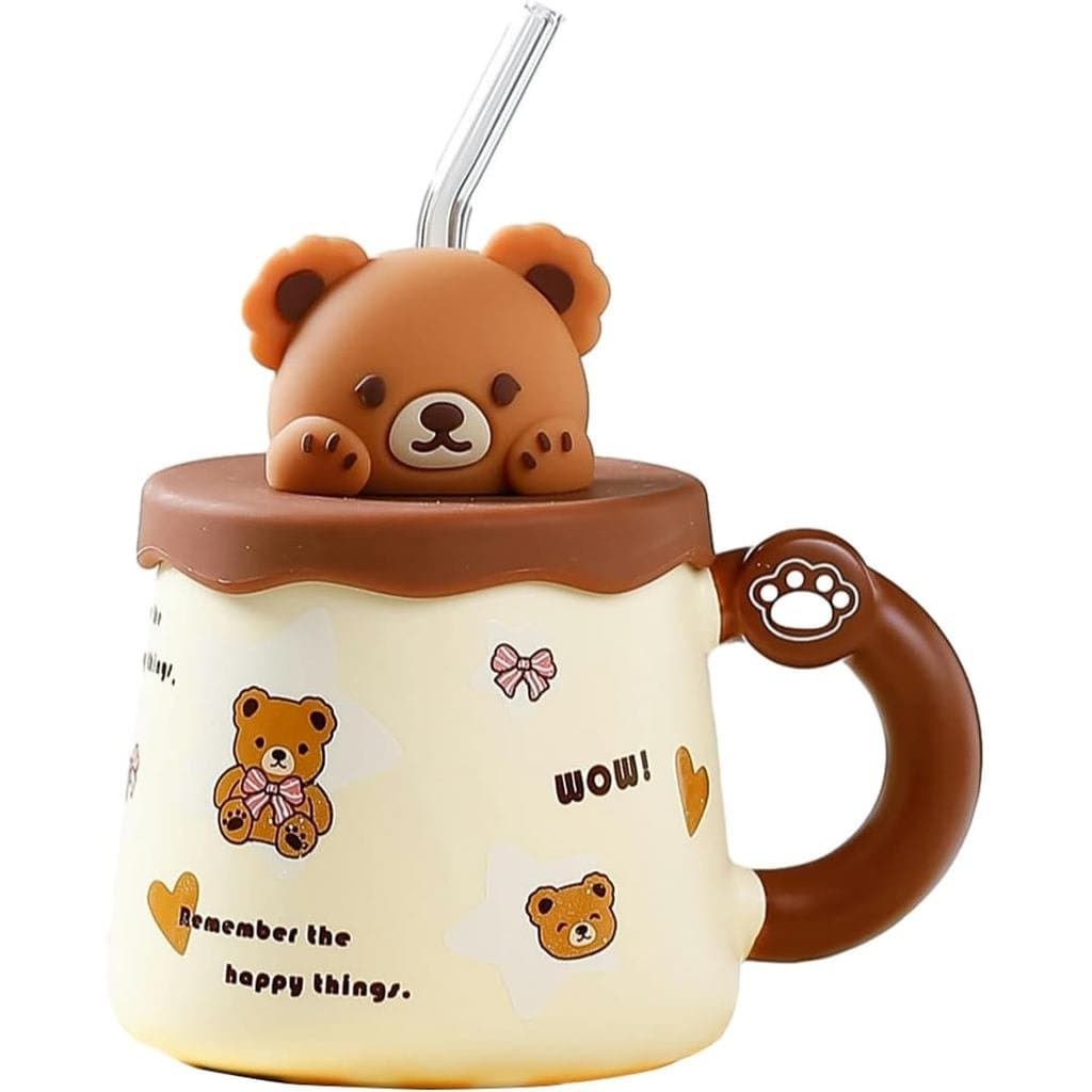 Caneca de Cerâmica Criativa em Forma de Urso, 420ml/14oz, Segura para Micro-ondas, com Tampa, Caneca de Café para Café d