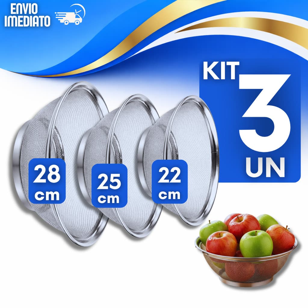 Jogo Cesta Inox Escorredor Multiuso 22/25/28cm Cozinha Macarrão Legumes Arroz Fruteira