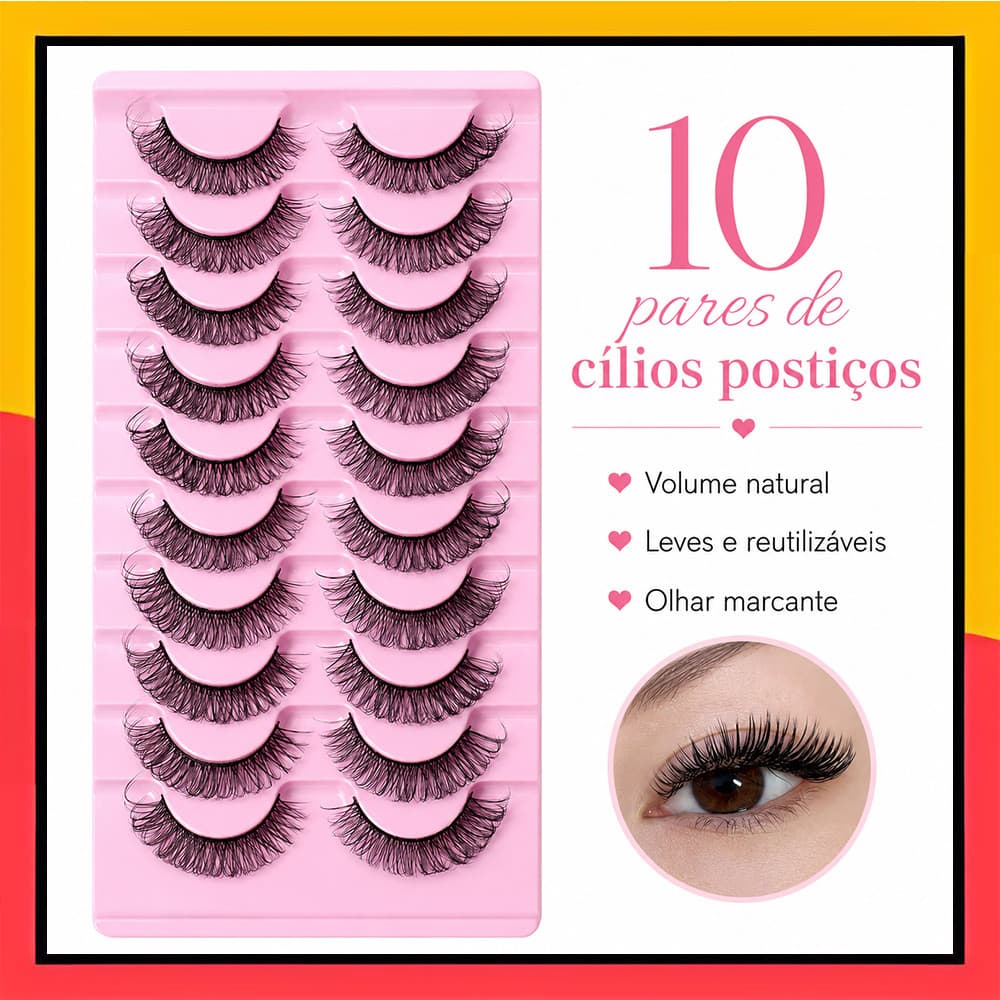 10 pares de cílios postiços ondulados naturais para retoque de maquiagem dos olhos
