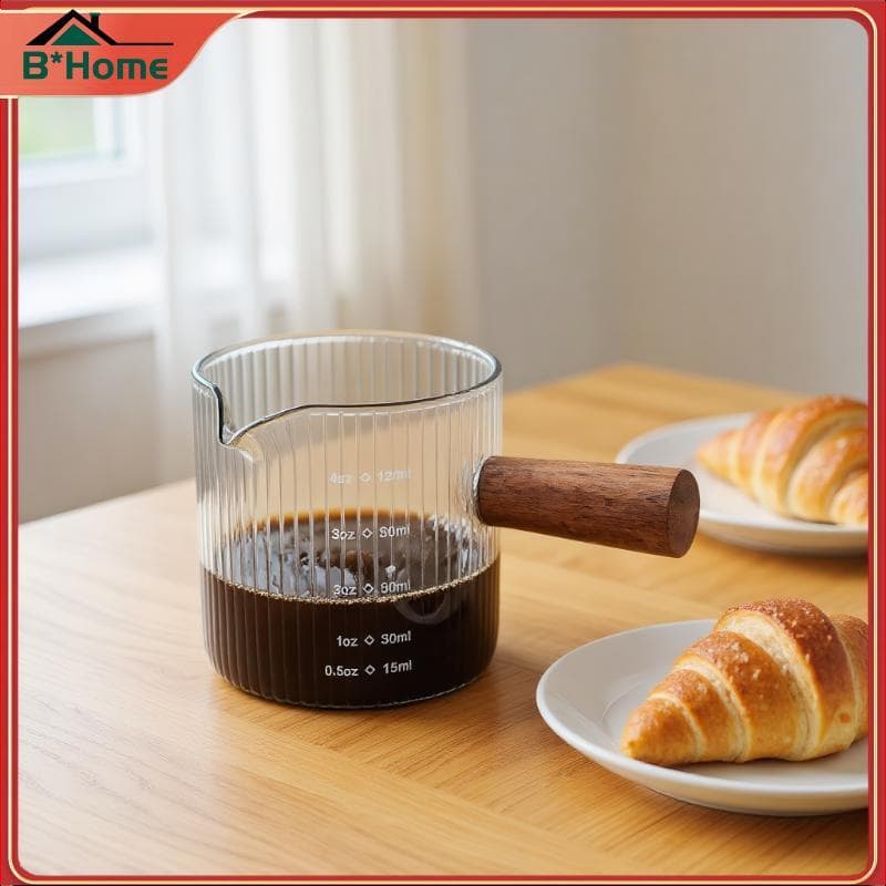BHTH 120ml Copo Espresso Alça De Madeira Medidor De Café De Boca Dupla Única Caneca De Escala ~