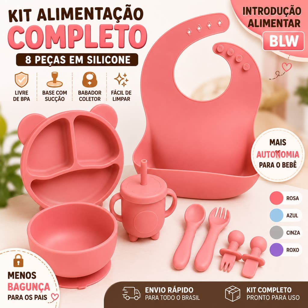 Kit Introdução Alimentar 8 Peças Silicone Para Bebe Completo Infantil BLW