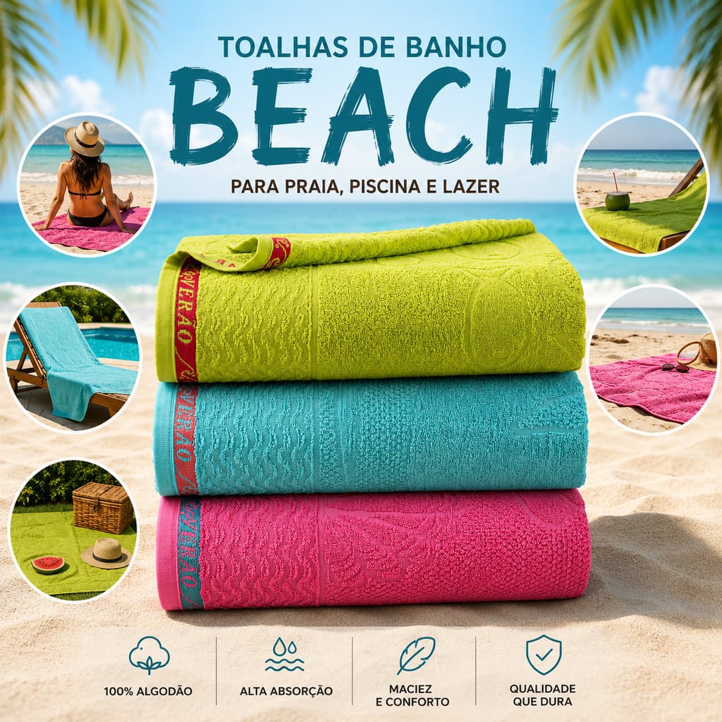 Kit 3 Toalhas Banhão 100% Algodão Beach Macia Alta Absorção Praia Piscina