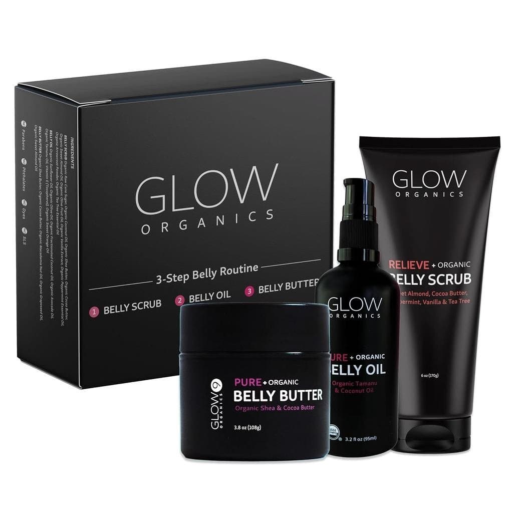Glow Organics Creme para Estrias, Manteiga para a Barriga, e Óleo, Kit de Cuidados para a Pele na Gravidez em