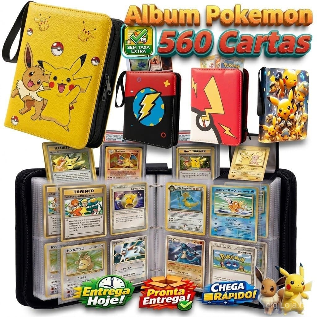 Pasta Álbum Pokémon 560 Cartas Couro Zíper Original Fichário