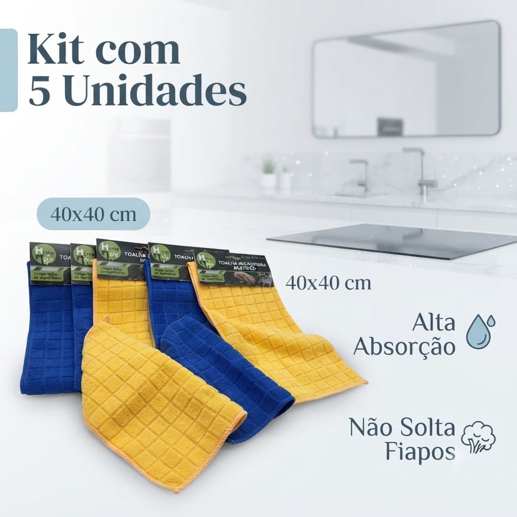 Kit 5 Panos Microfibra 40x40 Limpeza Sem Risco Não Solta Pelo Alta Absorção