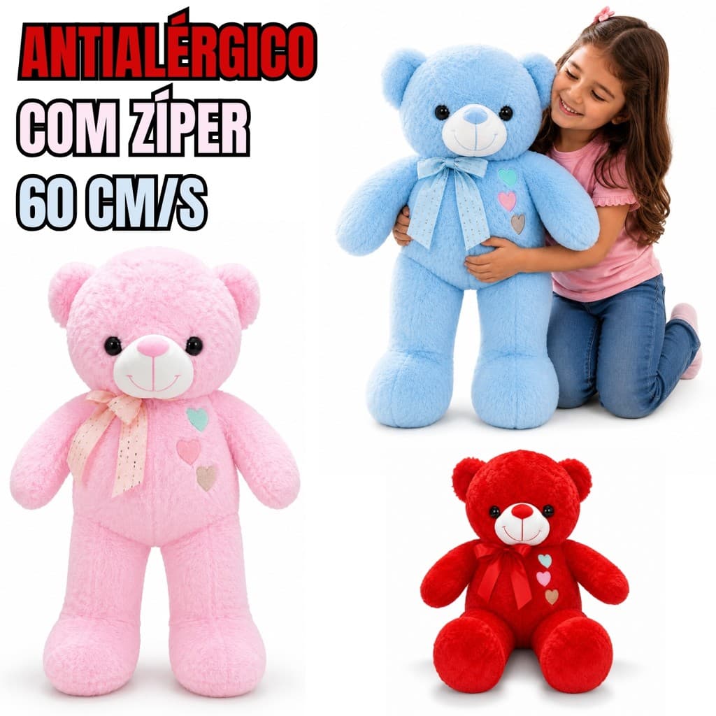 Urso de Pelúcia 60cm Grande com Laço e Corações Antialérgico Lavável com Zíper