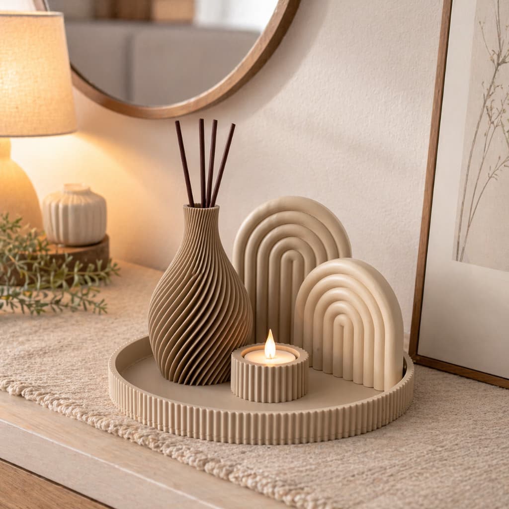 Kit 5 pcs Decoração Minimalista Bandeja Decorativa Vaso Difusor e Porta Vela Estilo Escandinavo Moderno