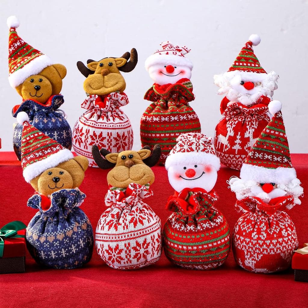 Shappy 8 Peças Sacos Pequenos de Natal com Cordão, Sacos de Presente com Bonecos 3D, Mini Sacos de Natal para Maçãs, Bis