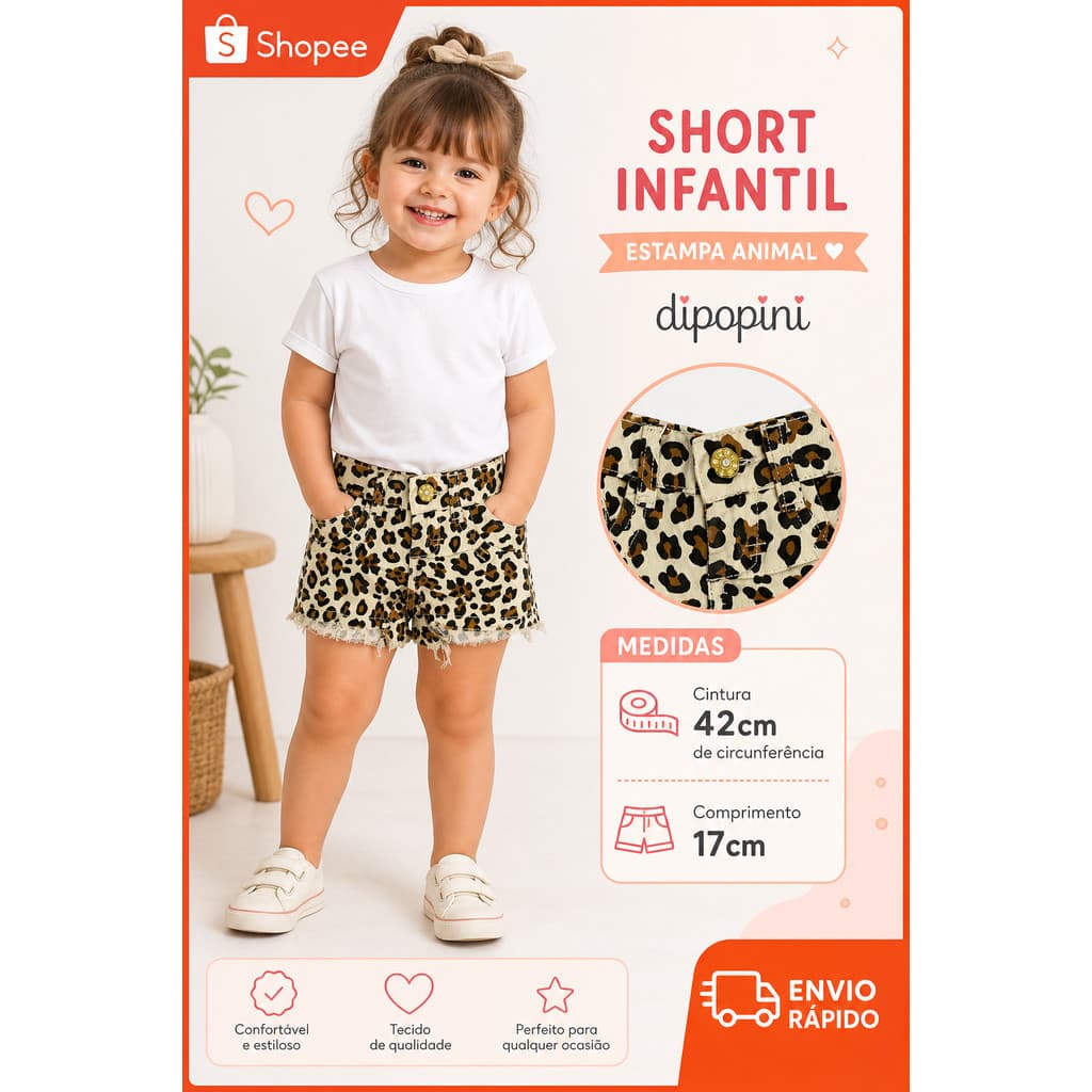 Shortinho Infantil Feminino Estampa Oncinha Dipopini — Moda Bebê Menina 2 Anos — Short Jeans Curto com Barra Desfiada