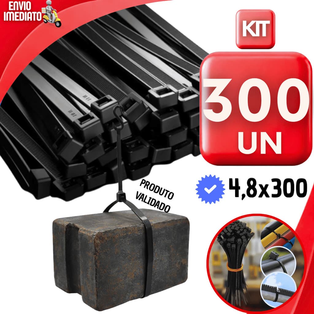 Abraçadeira 4,8X300 Cinta Nylon Resistente Plástica Presilha Enforca Gato Organiza Fios Preto PRODUTO VALIDADO