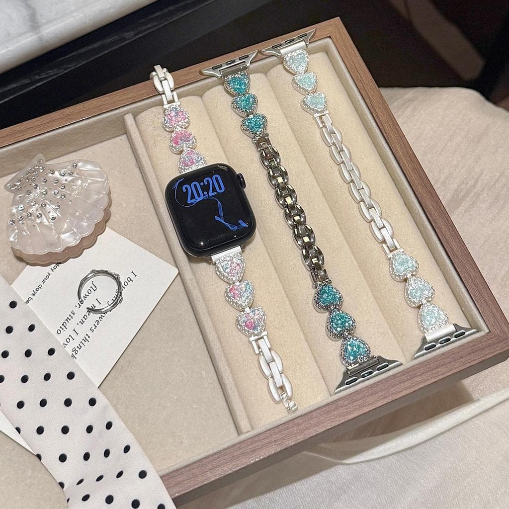 Feminino Luxo Glitter Strass Coração Metal Pulseira De Relógio Compatível Apple Watch Série 1 2 3 4 5 6 7 8 9 SE Ultra T