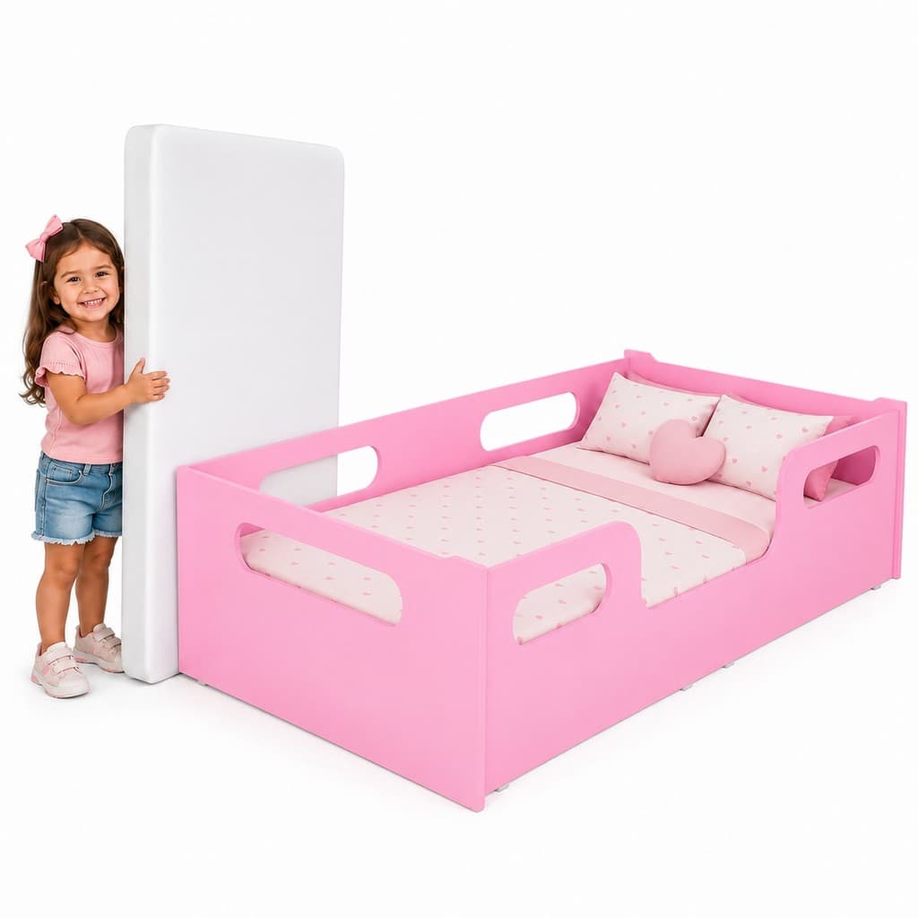 Cama Encanto Montessoriana Juvenil Rosa + Colchão Grade De Proteção Confortável MDF