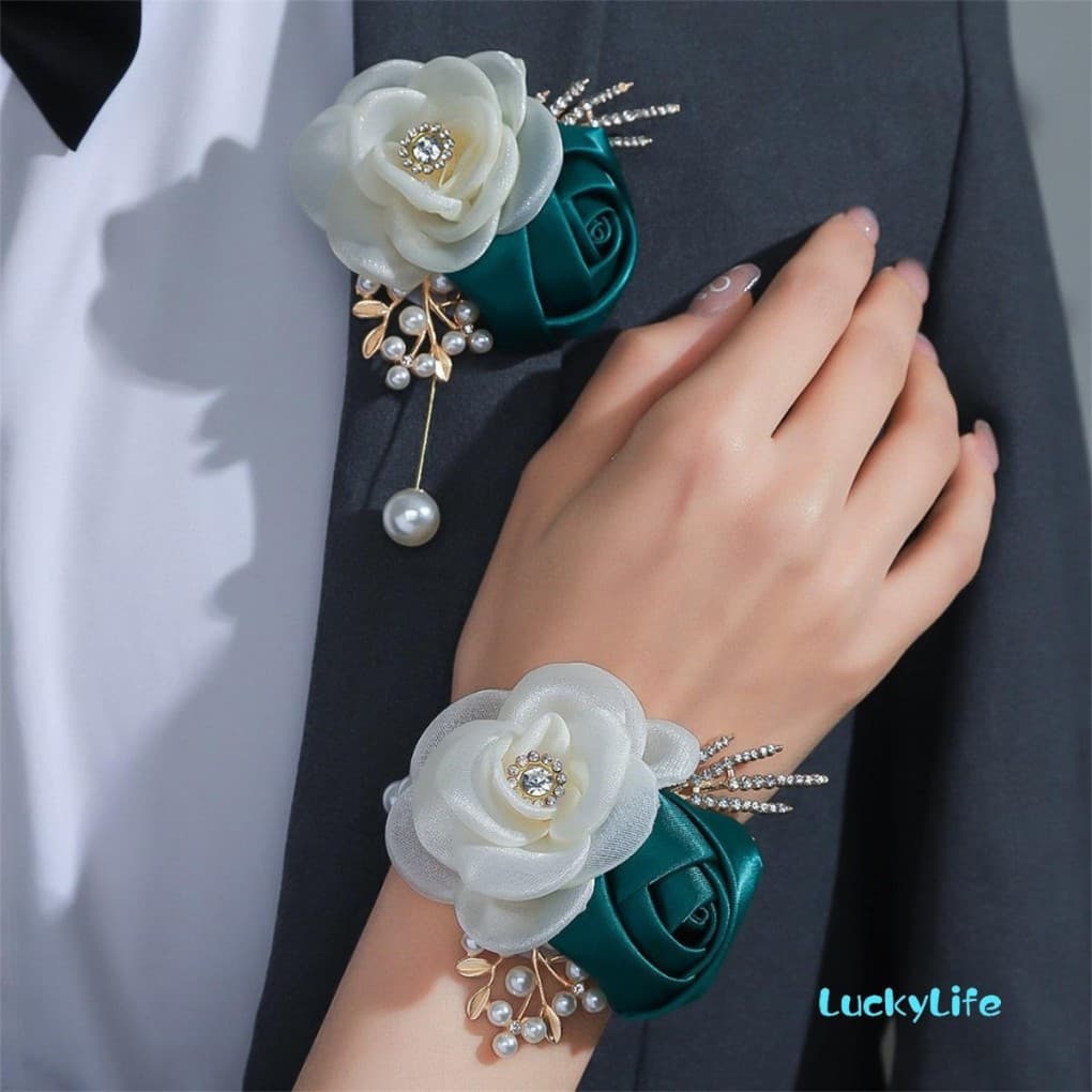 Elegante Conjunto de Corsage de Flor de Pérola Artificial Rosa e Flor de Pulso, Adequado para Casamentos, Festas e Baile