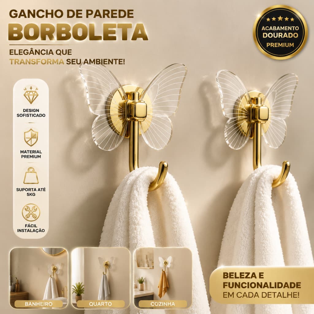 Kit Gancho Decorativo Borboleta Acrílico 2 Peças Autocolante Dourado Rose gold Prata
