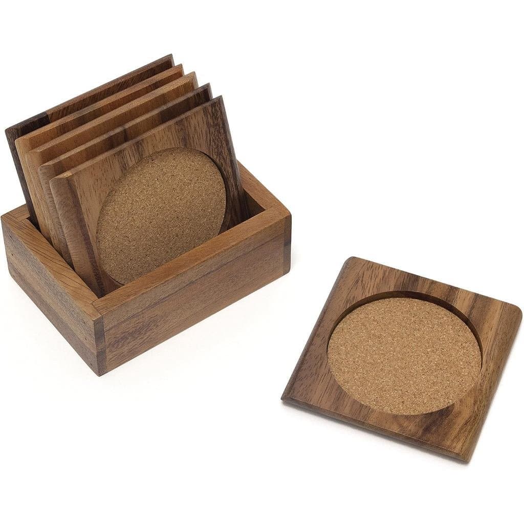 Conjunto de 7 Peças Lipper International Acacia Square com Porta-Copos de Cortiça e Suporte, FK5O