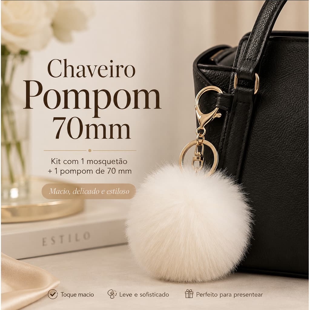 Chaveiro Pompom De Pelúcia Com Mosquetão Dourado E Argola Para Bolsa E Chaves -  3 Unidades