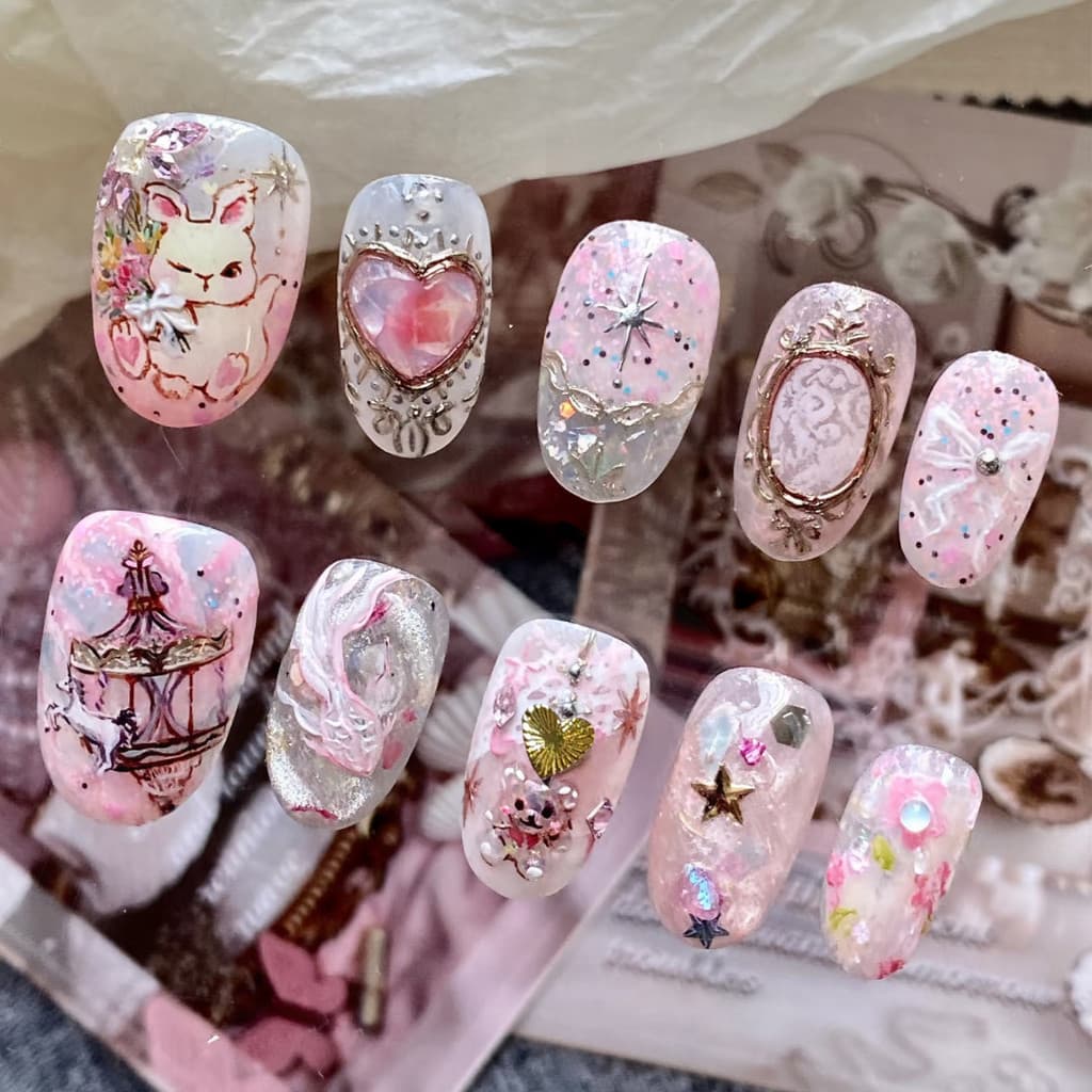 Conjunto de Arte de Unhas em Gel Vestível de 10 Peças, Doce e Encantador, Conjunto de Arte de Unhas Artesanal com Tema d