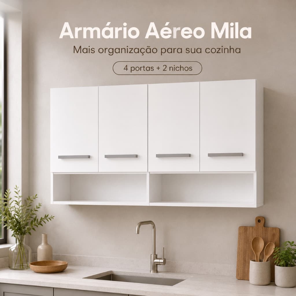 Armário Aéreo Multiuso Mila 4 Portas para Cozinha e Lavanderia - Branco ou Preto