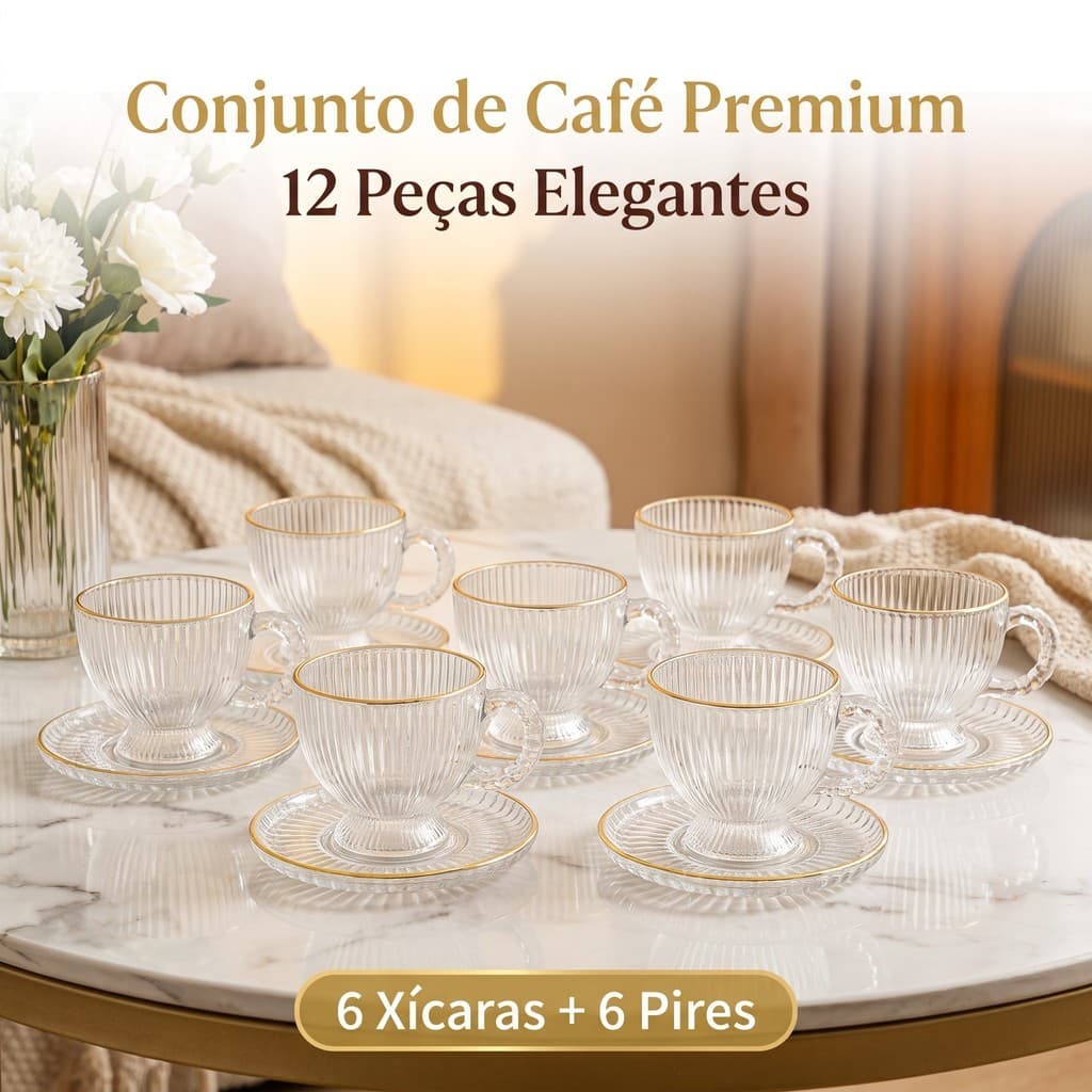 Jogo 12 Peças Xícaras de Café Vidro 150ml com Borda Dourada Estilo Retro Luxuoso 6 Xícaras + 6 Pires