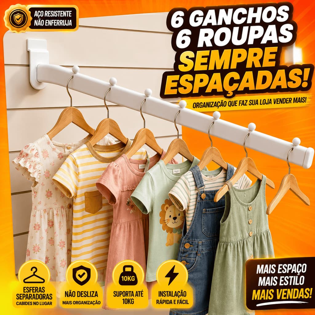 Kit Rt Curvo 40cm Expositor Painel Canaletado Aço Reforçado Cabideiro Para Loja Expor Roupas