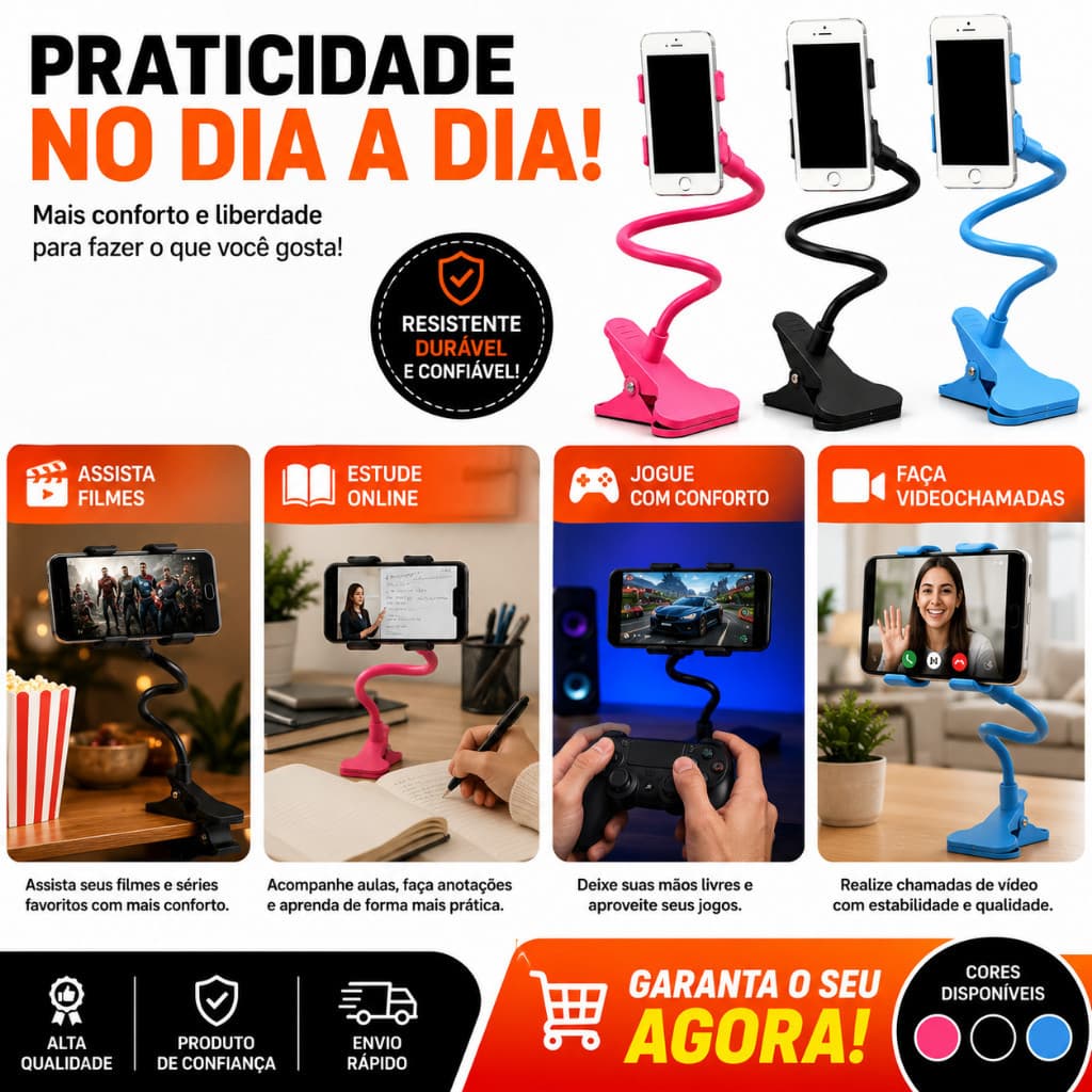 Suporte Articulado de Mesa para Celular com Garra – Cor Sortida