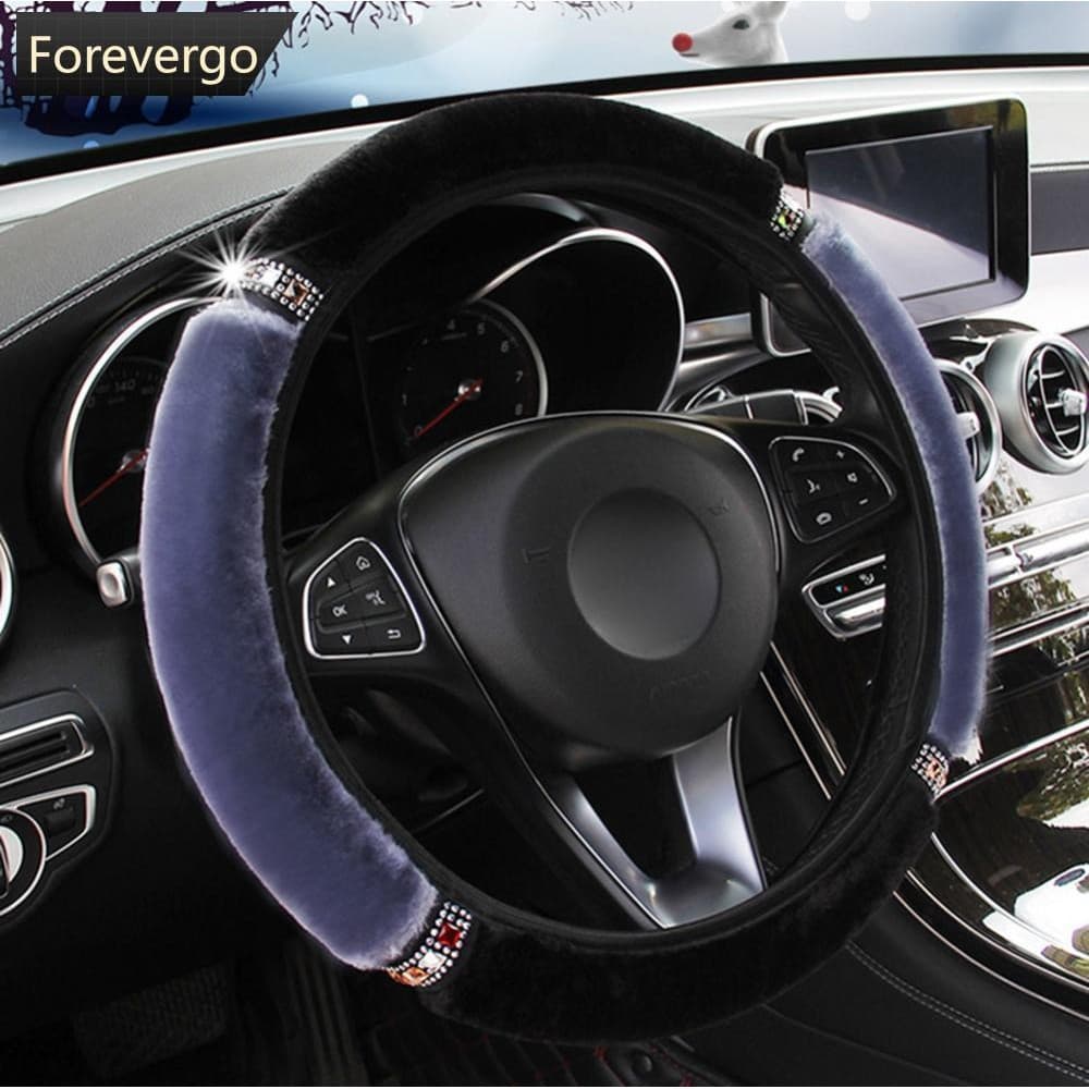 Capa de Volante de Carro em Pelúcia Macia com Strass FOREVERGO, Acessório de Interior Universal, Estilo Volante 37-38cm