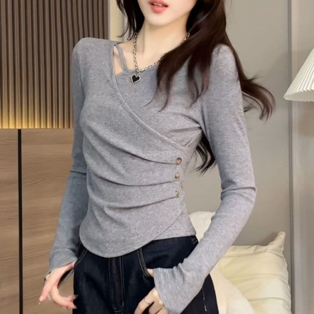 Moda de manga comprida camiseta de fundo feminina primavera outono inverno cintura estreita magro-ajuste mais magro olha