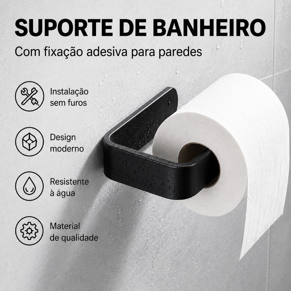 Suporte Porta Papel Higiênico Adesivo Sem Furação Preto Fosco para Banheiro Resistente à Água