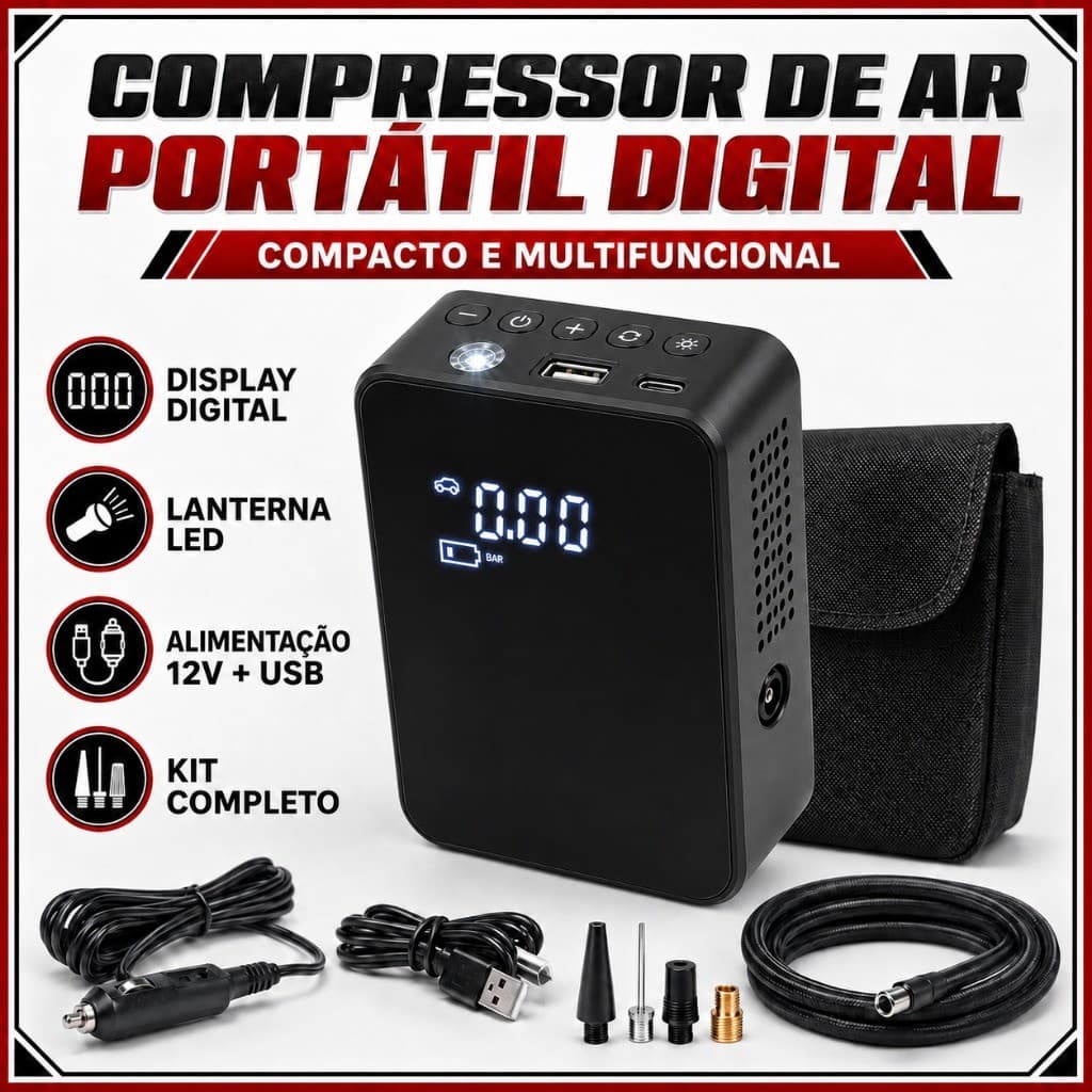 Compressor de Ar Portátil Digital 12V Calibrador de Pneus com Lanterna LED e Power Bank