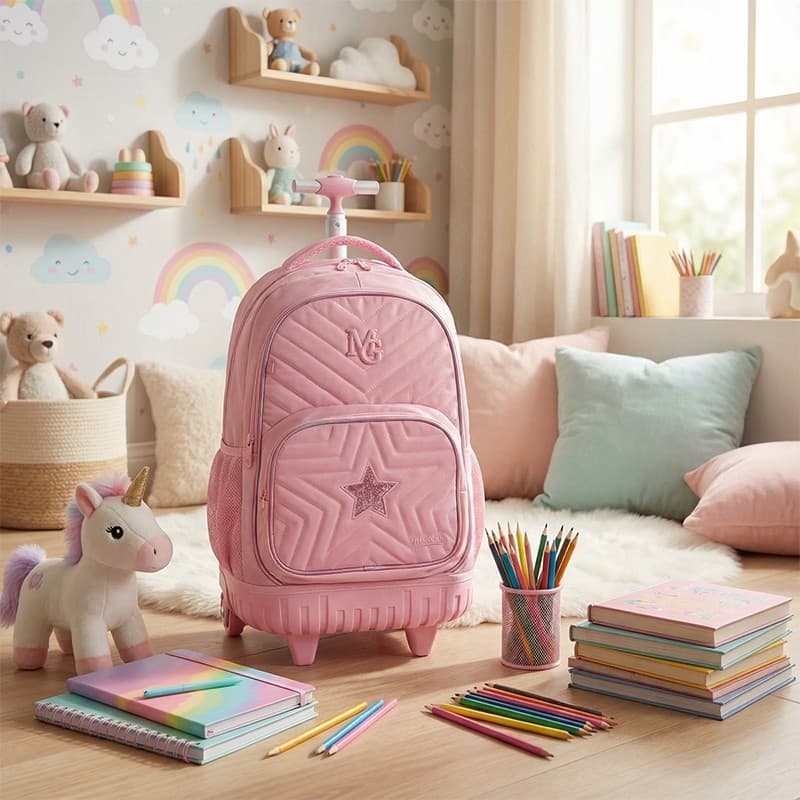 Mochila Infantil Escolar MG Rosa: Rodinhas duplas anticapotamento, altura ajustável, amplo espaço e estampa de estrelas