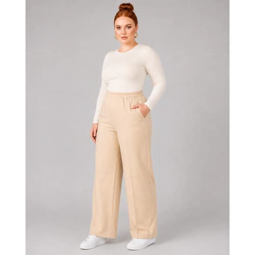 Calça Pantalona Plus Size Moletinho Cintura Alta Com Bolso Bege Liso G2
