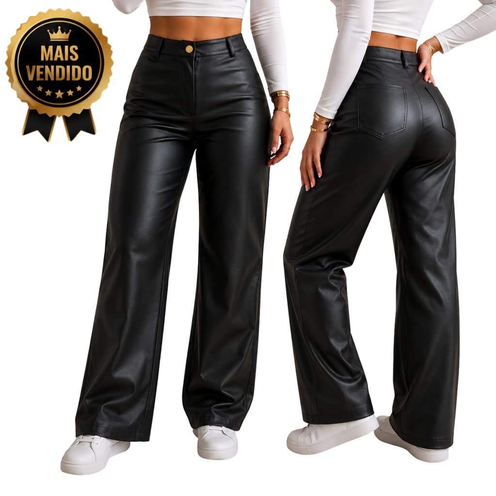 Calça Feminina Wide Leg Pantalona Cintura Alta Preta Couro Ecológico Premium