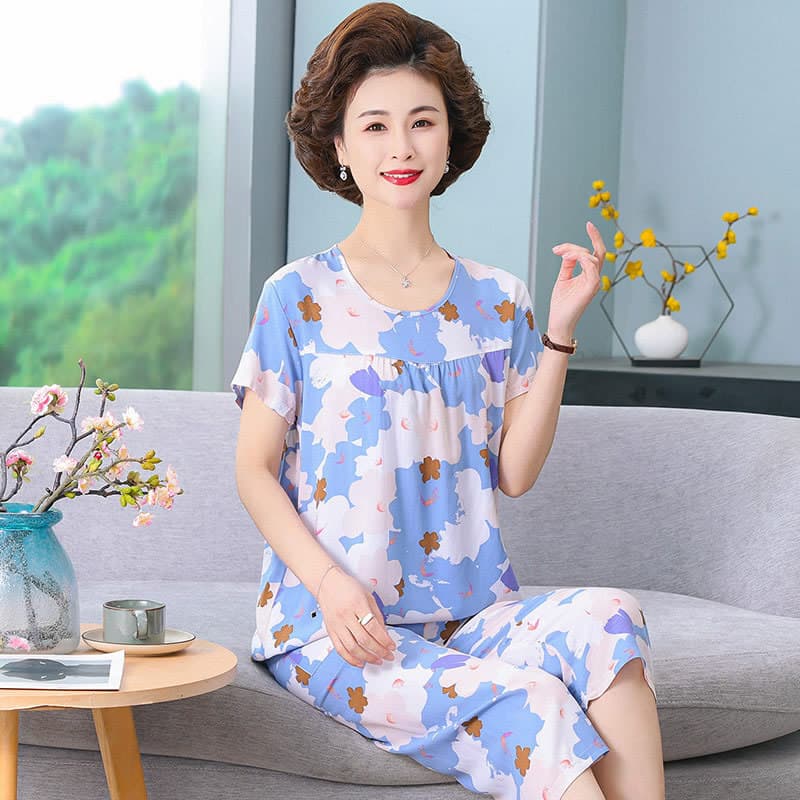 Pijamas para idosos primavera outono estilo mãe solto Homewear tamanho grande estilo fino em torno do pescoço terno algo