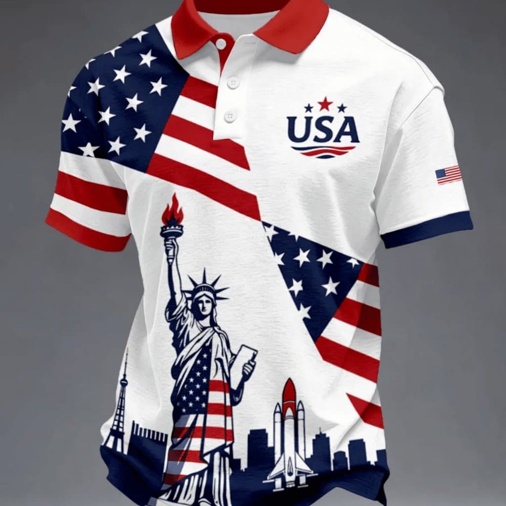 Camisa POLO de manga curta com tema do 250o aniversário, Estátua da Liberdade EUA Bandeira POLO Camisa masculina america
