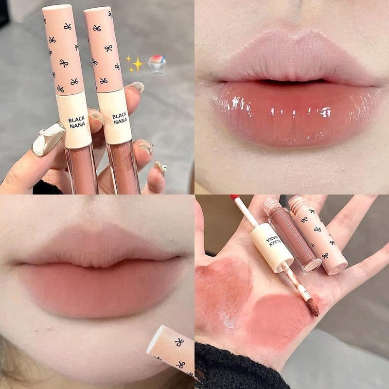 BLACK NANA Double Head Lip Gloss 2 Em 1 Matte Mud Mirror Cinza Rosa Nu Portátil Diário Tint