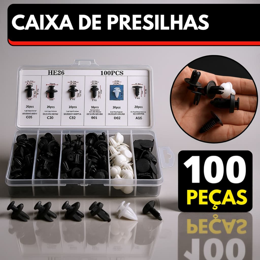 Kit 100 Grampo Presilha Automotiva Prendedor Hibrido De Clipes De Fixação De Peças Pino Parachoque Carro Universal
