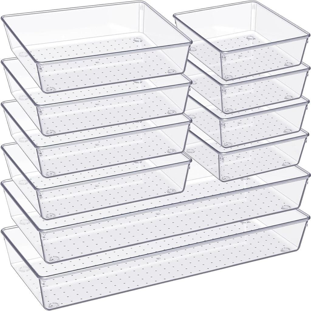 Organizador de Gavetas Criusia, Conjunto de 10 Peças Grandes de Plástico Transparente, Bandejas Organizadoras Versáteis