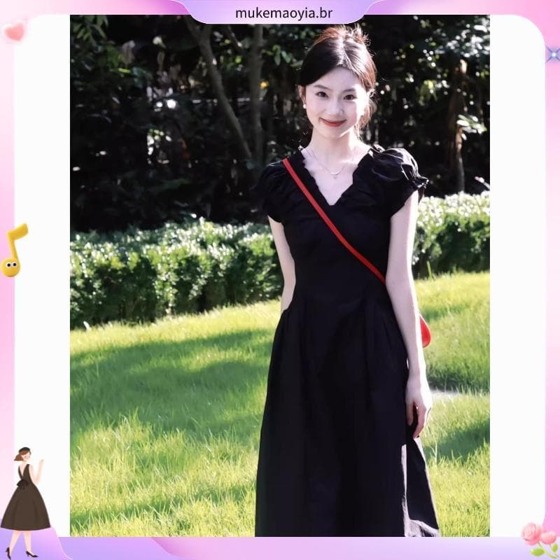 Francês Hepburn estilo com decote em v vestido preto feminino verão 2026 novo estilo de férias cintura estreita mais mag