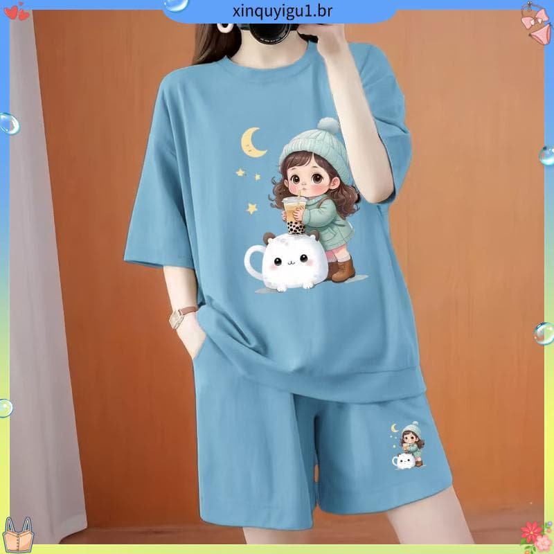 Pijamas esportivos terno feminino estilo verão versão coreana estudantes soltos podem ser salgados doce moda terno femin