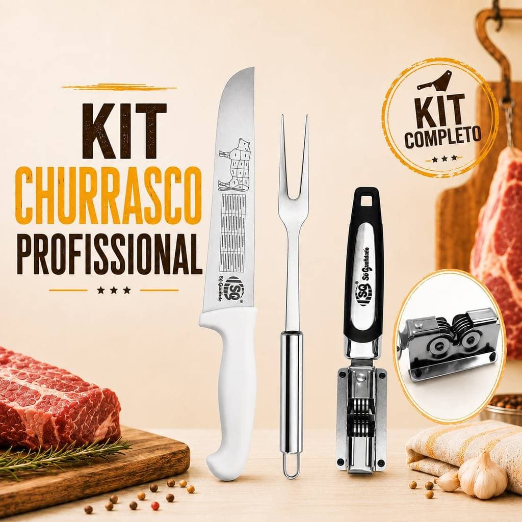 Kit Churrasco Profissional – Faca Açougueiro + Garfo Trinchante + Amolador Inox