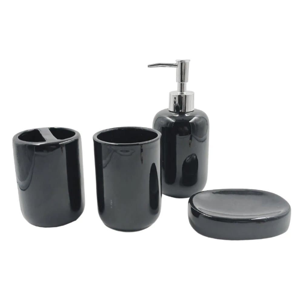 Kit Banheiro Luxo 4 Peças Clink Preto Cerâmica Dispenser 380ml Saboneteira Porta Sabonete Moderno